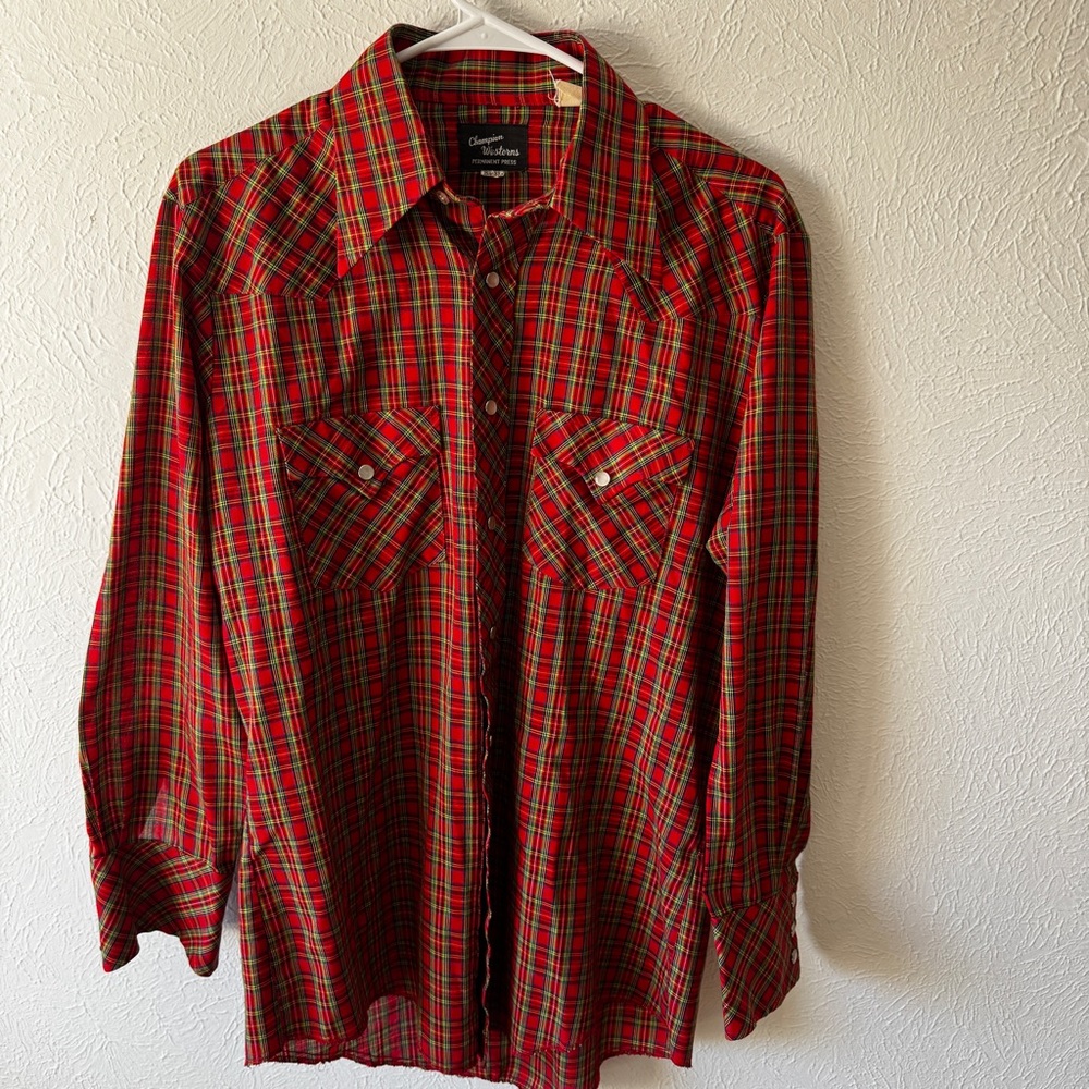 Vintage Western Pearl Snap Champion Westerns Red Plaid Size 15-33 1/2